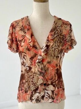 Violet & Claire| Coral & Brown Ruffle V-Neck Sheer Fall Floral Blouse Sz XS